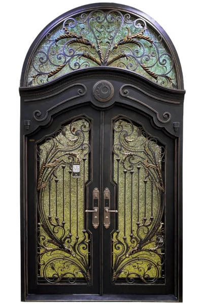 EL1582 MCD arched double iron door with crown scrollwork and insulated glass panels. custom wrought iron door installation example with decorative iron entry doors