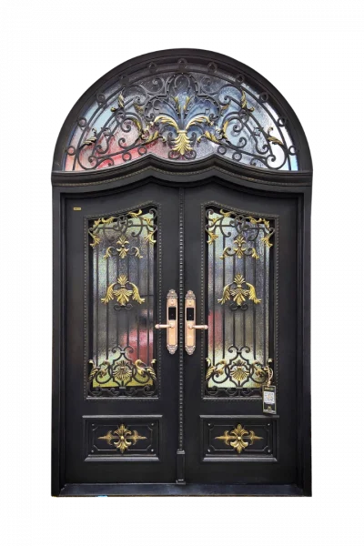 EL1583 MCD arched double iron door with royal crest scrollwork, gold accents and insulated glass panels