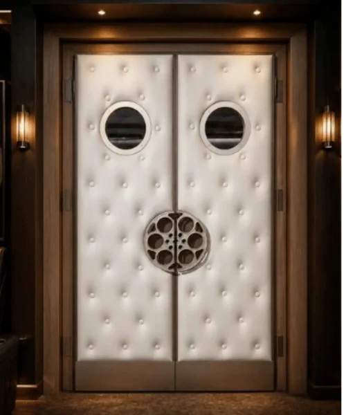 Custom home theater double doors with white padded panels, round windows, and decorative film reel handles.