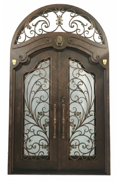 Custom wrought iron front door installed in a modern luxury home entrance